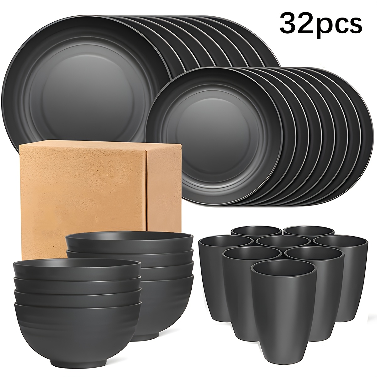 4/16/32pcs Plastic Cutlery Set For The Kitchen, Featuring Dinner Plates, Dessert Plates, Bowls, And Cups, Ideal For Home And Restaurant Use