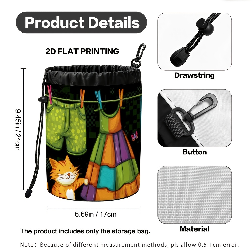 TEMU (2d Flat) 1pc Cat And Colorful Laundry Clothespin Storage Bag. , Easy To Clean, Soft Material, Great For Maintaining Hygiene And Freshness, 2d