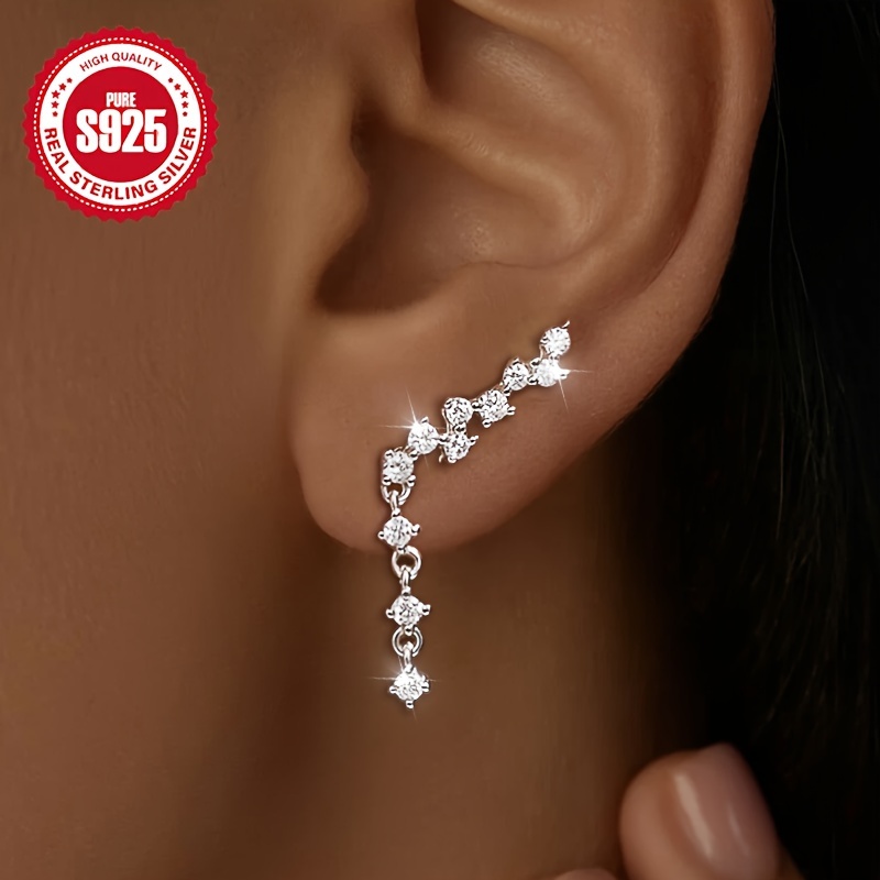 

Boucles d'oreilles élégantes à double rangée de pampilles en argent sterling 925, style avec synthétique, plaqué argent, luxe léger pour femmes, parfaites pour un et cadeau, 1,95 g