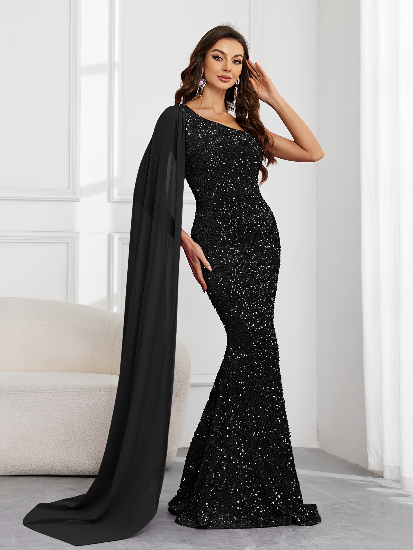 asymmetrical shoulder flowing dress women's clothing temu - Temu
