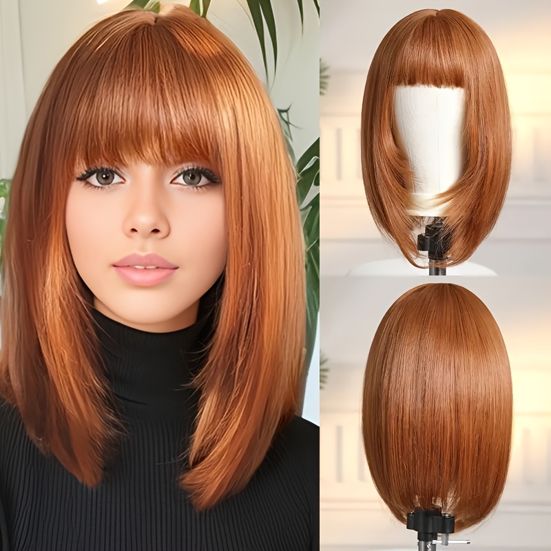 E-shop 16" Lebendige Orangefarbene Gerade Synthetische Perücke mit Pony - Hitzebeständig, 150% Dichte, Rosen-Netz-Kappe für Sicheren Halt, Natürlich