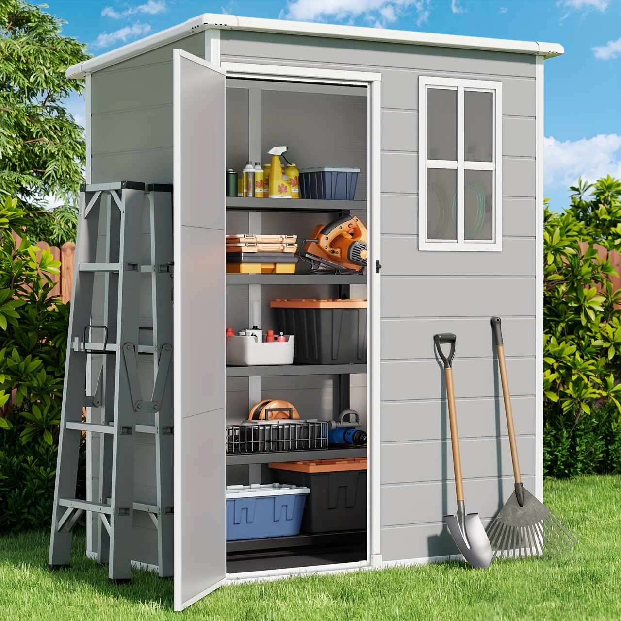 

5x3ft Resin Plastic Outdoor Storage Shed With Floor, Waterproof Lockable Storage Shed With Window, Plastic Outside Tool Storage For Garden, Backyard, Patio, Lawn, Gray