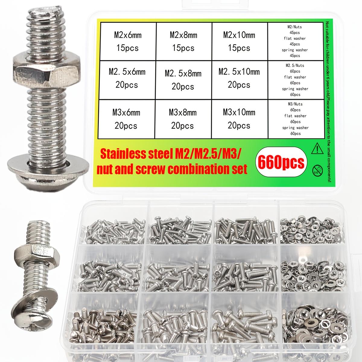 E-shop 660-teiliges M2/M2.5/M3 Edelstahl Schrauben, Muttern und Unterlegscheiben Set, Miniatur Set, inklusive Flachschrauben und Federscheiben, kleine