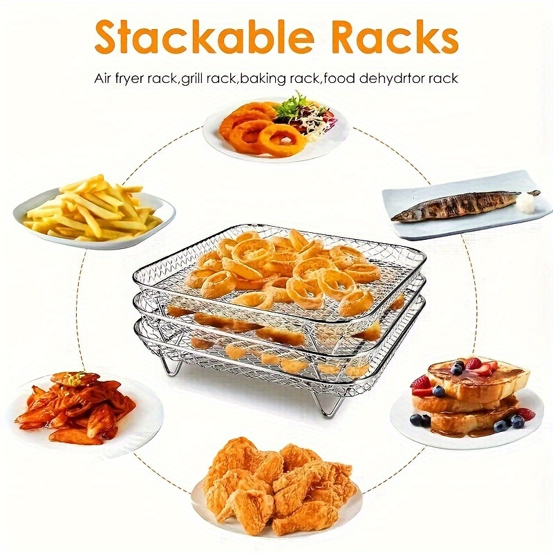 

3-piece Stainless Steel Dehydrator Racks - Stackable Square Mesh Trays For Baking, Bbq & Air Fryer Accessories - Essential Kitchen Gadgets