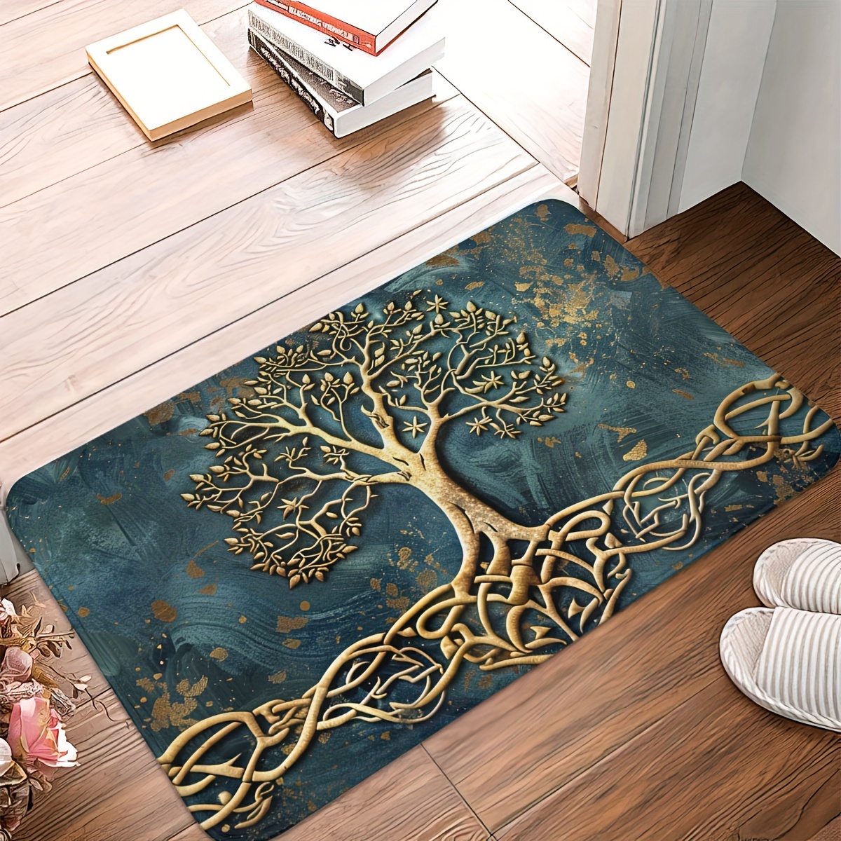 Tree Of Life Non-slip Kitchen Mats, Machine Washable Polyester Rugs With Water Absorbent Backing For Playroom, Classroom, Bathroom, Dining Table - 1.2cm Thick