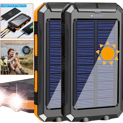 20000mah portable solar power bank portable solar mobile phone charger camping external battery charger for mobile phones 2 usb led flashlights with compass for outdoor activities