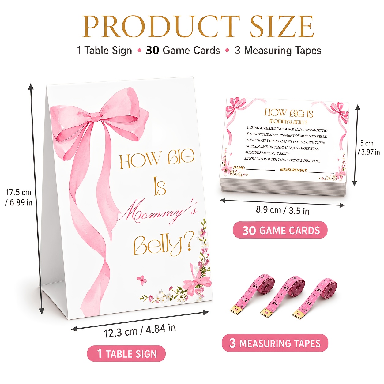 TEMU Decorations For A Shower Featuring Pink Bows, A Game To Measure The Size Of The Mother's Belly, And Party Favors For Girls, Including Measuring