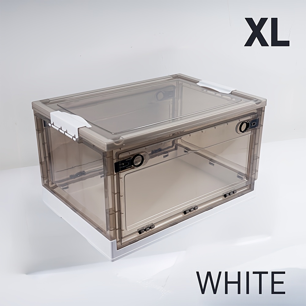 large capacity brown foldable storage box with transparent visibility three way opening for quick folding and storage   with detachable casters for   and a portable pull handle for effortless opening Product details 1