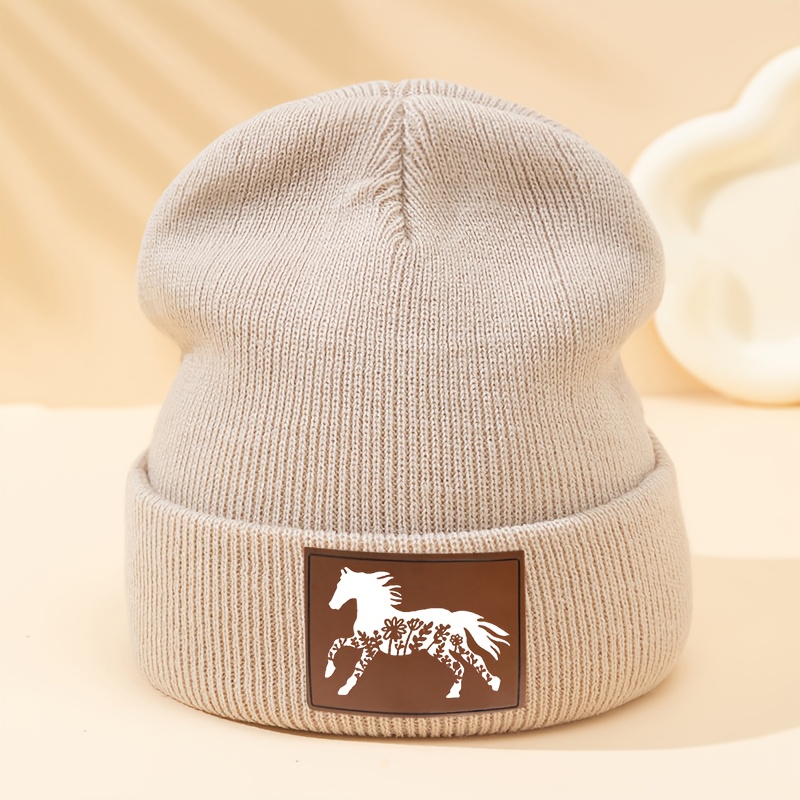 TEMU Floral Horse Knit Hat, Unisex For Autumn Winter, Holiday Party Hip-hop Beret Outdoor Casual Pullover Hat, Casual Party Hip-hop Beanie, Men's