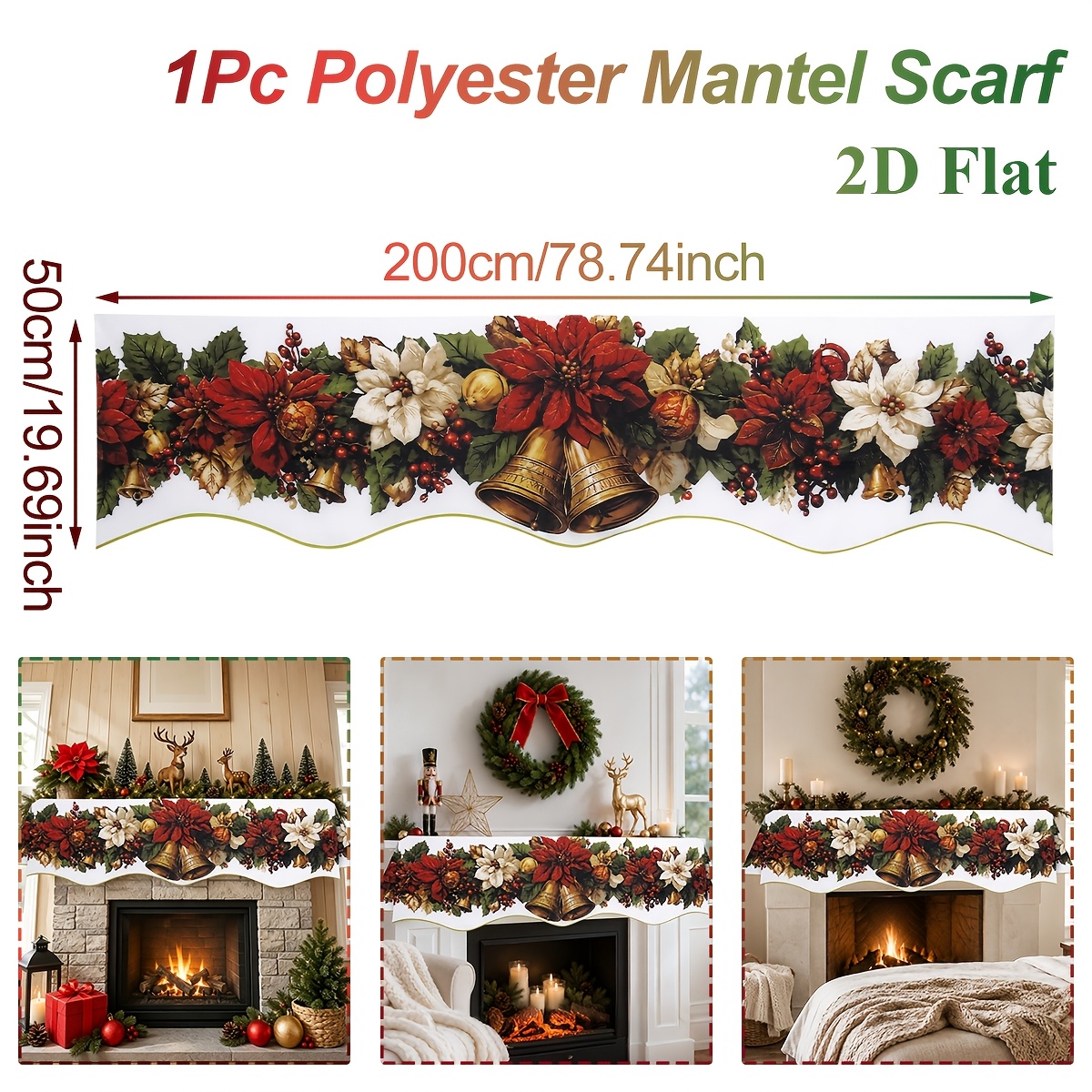 TEMU 1pc Elegant Mantel Runner With Poinsettia Garland, & Red Berries - Winter Fireplace Scarf Or Table Runner Suitable For Christmas, New Year's,