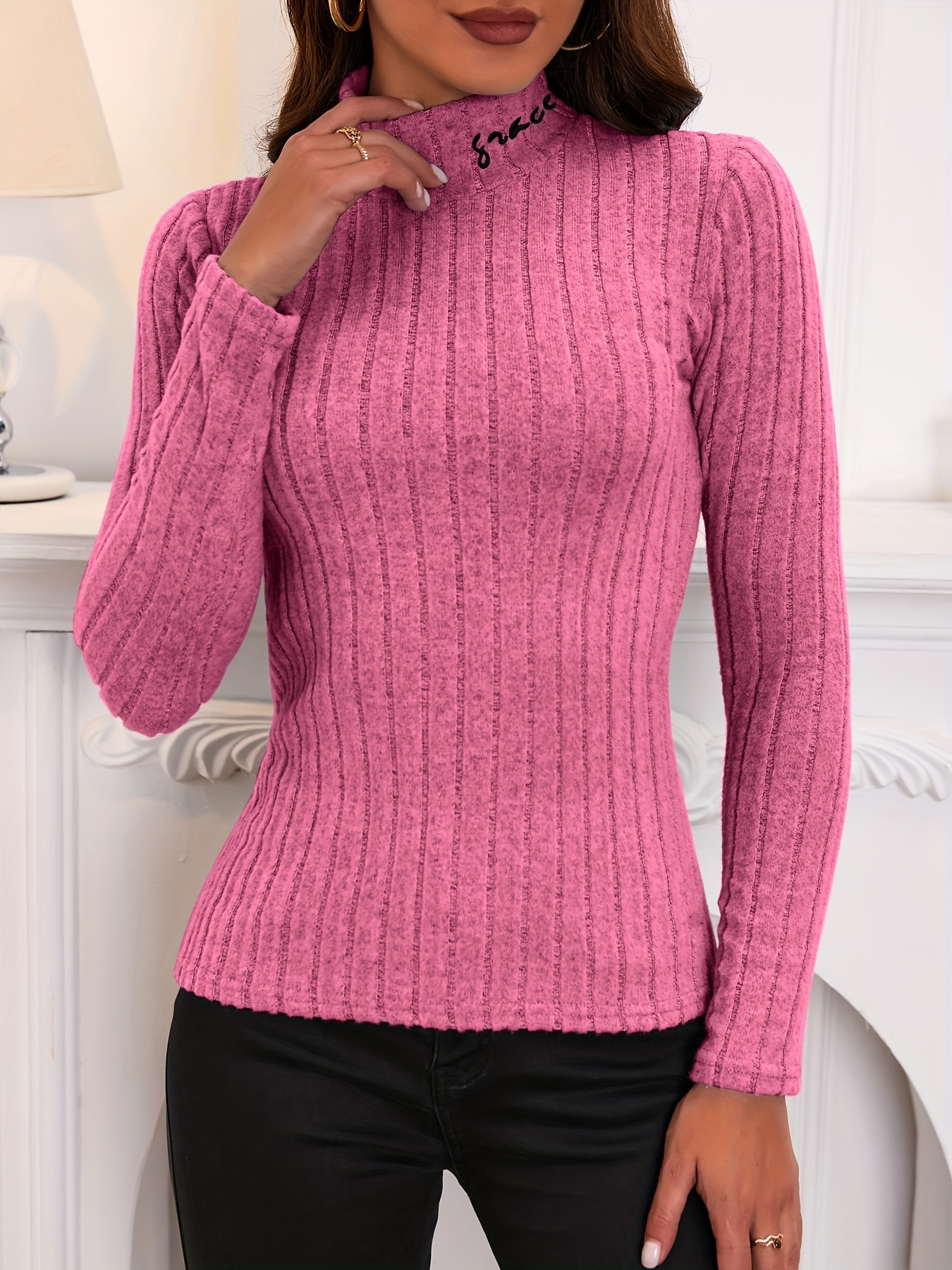Solid Turtle Neck Rib Knit Top, Elegant Slim Long Sleeve Simple Sweater, Women's Clothing