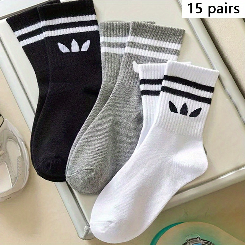 Image of 15 Pairs Of Solid Color Striped Mid-tube Socks, Unisex, Suitable For Outdoor Activities, Personalized Breathable Casual Socks, Autumn And Winter Socks, High Socks, Suitable For Daily And Sports Wear