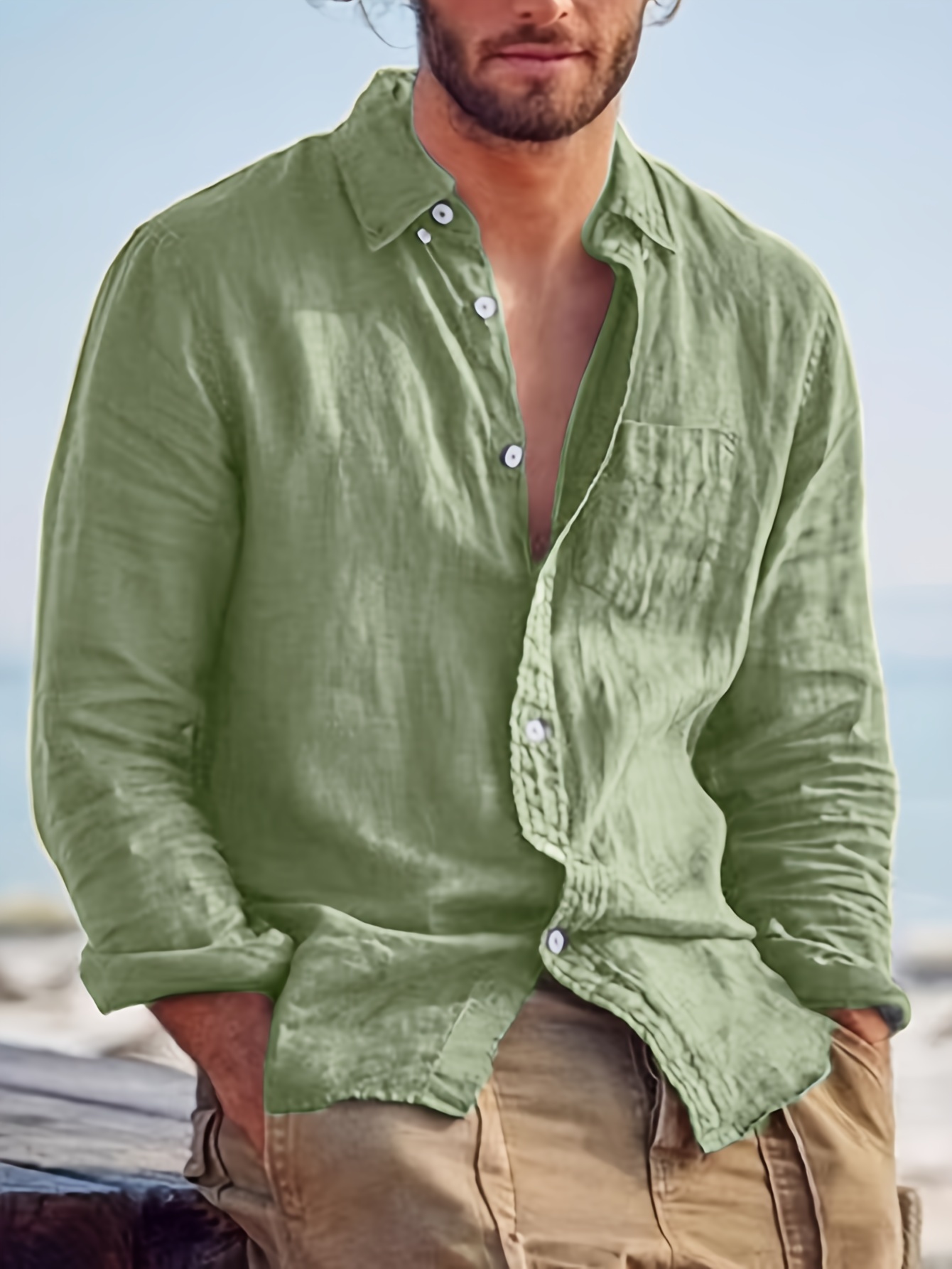 men's casual solid color button shirt long sleeve collared Temu Oman