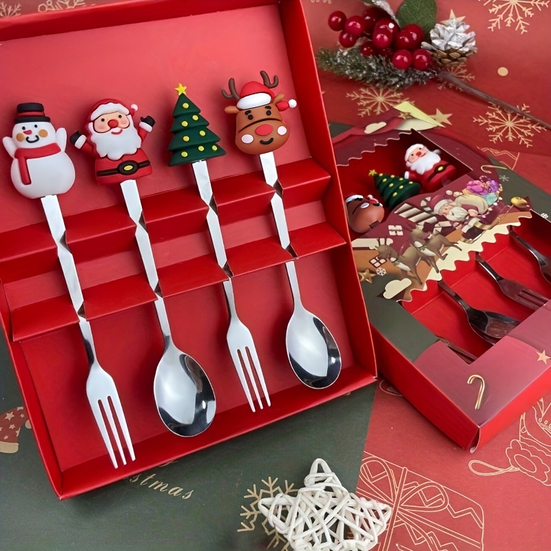 

4pcs Stainless Steel Christmas Fork And Spoon Set - Creative Tableware For Coffee, Tea, Desserts, Material, Festive Design, Ideal For Holiday Parties / Home Use, Perfect Gift For All