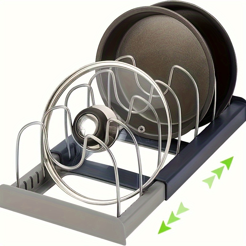 

A Set Of Expandable Pots And Pans, With A Lid And Dish Storage Rack, Adjustable Stainless Steel Wire Separators, For Organizing Baking Utensils In Kitchen Cabinets And Storage Rooms.