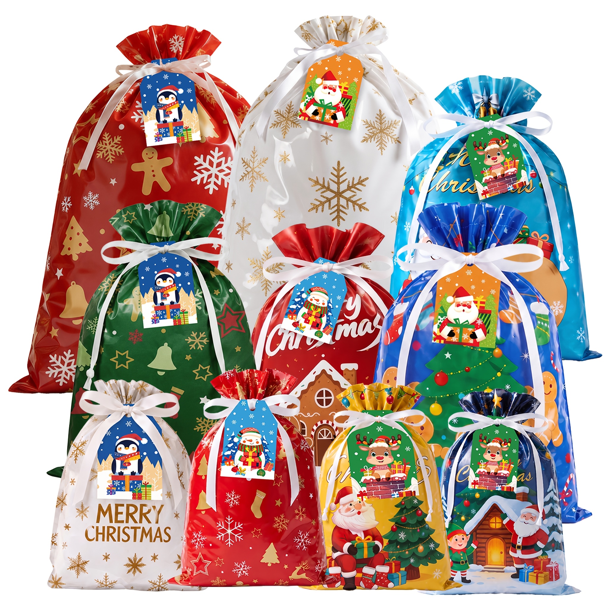 TEMU 38pcs Christmas Party Drawstring Gift Bags, Assorted Sizes Small Medium Large, Shiny Foil Reusable Material With Gift Tags, Holiday Present
