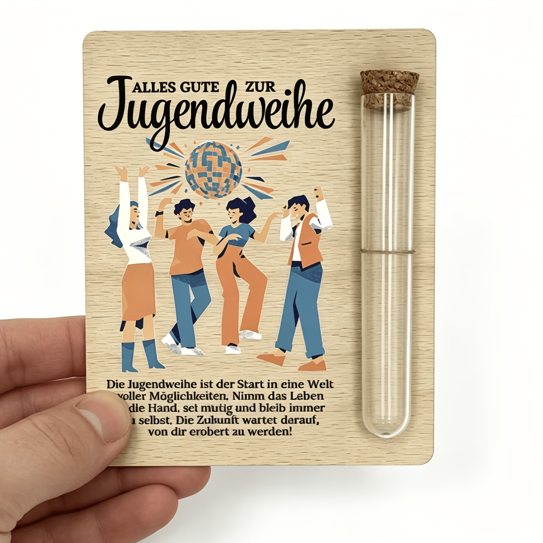 E-shop Holzgeschenk zum Thema deutsche Jugendweihe, kreatives Segensgeschenk im Disco-Stil, Holzgeschenkverpackung zur Konfirmation, Geschenk zur