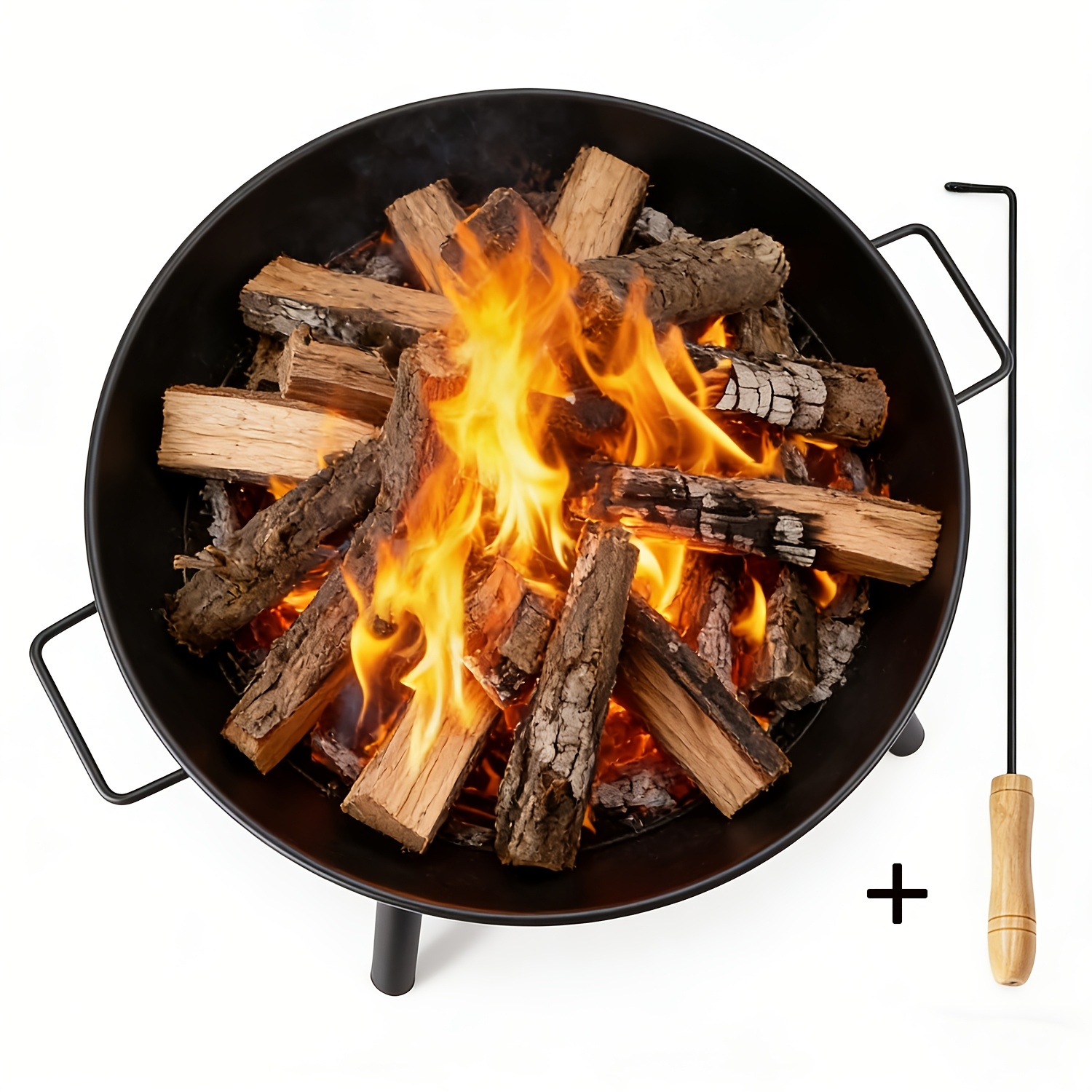 Luxury Outdoor Fire Pit Set | Fire Pit And Fire Poker Tool Set | Sturdy Triangular Base Fire Pit | Durable Steel Golden, Suitable For Camping, Backyard, Courtyard, And Bonfire Party