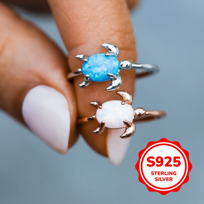 S925 Sterling Silvery Inlaid Synthetic Turquoise Turtle Ring