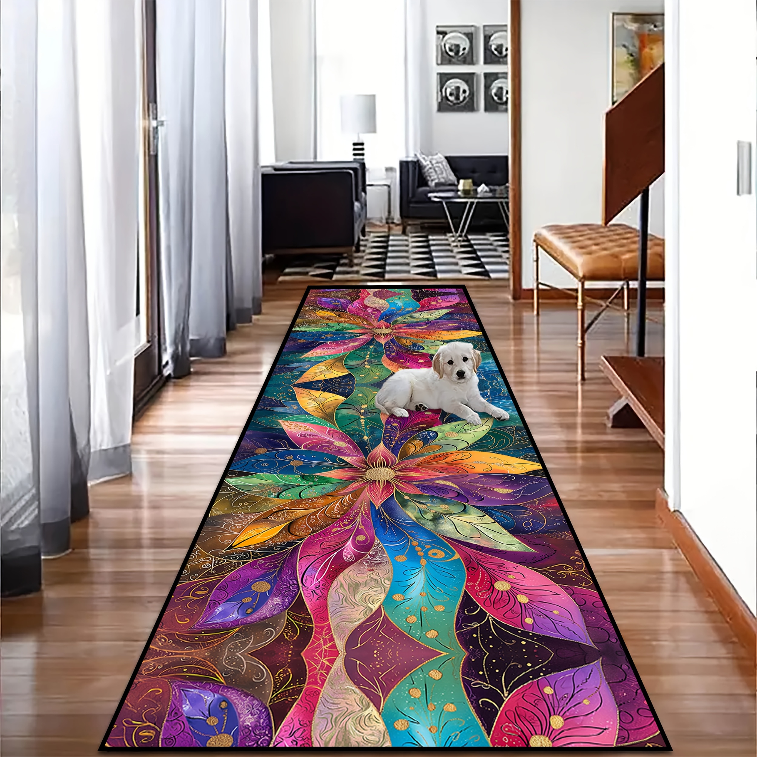 TEMU [Velours Diamant Doré] 1pc 60X280Cm Tapis Rectangulaire Grand Motif Floral d'Accueil Hôtel, Tapis de Cuisine Esthétique Antidérapant, Tapis de -