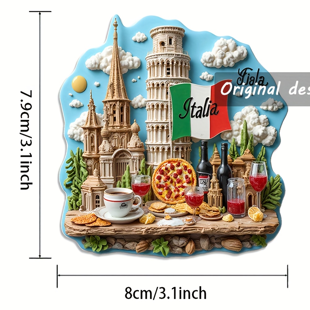 TEMU 1 Magnete da Frigorifero in Acrilico - 3.15 Pollici, con Design del Castello di e Bandiera Italiana, con Pizza, Espresso e Gelato - Decorazione