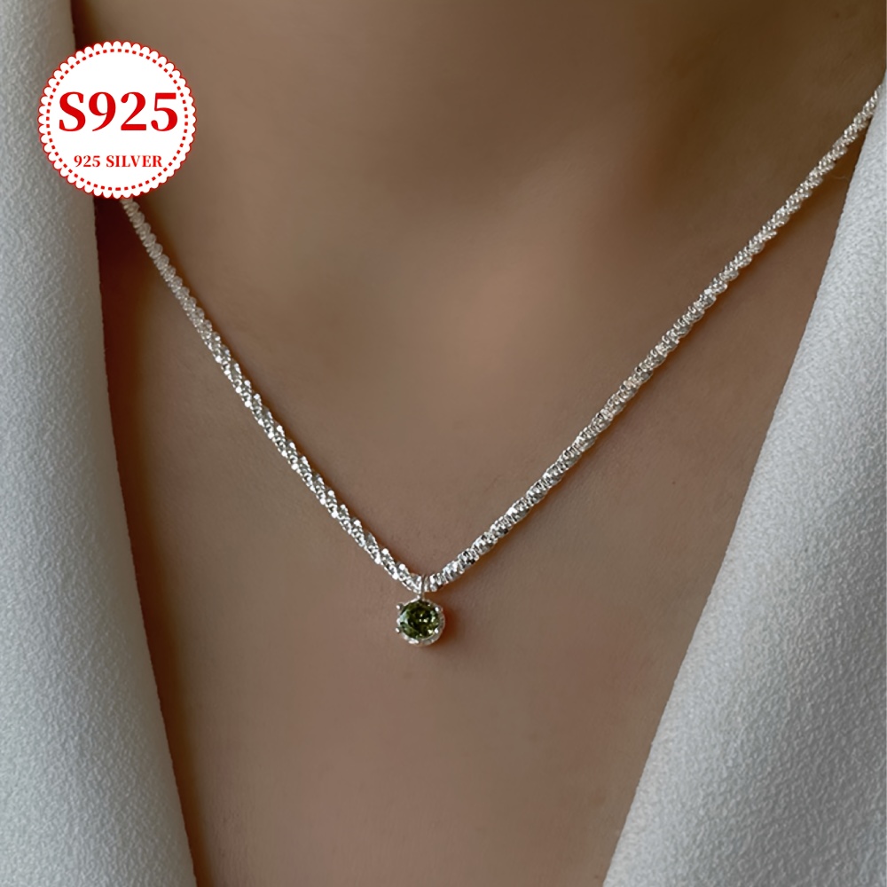 

1pc, S925 Sterling Silver Necklace With Olive Green Cubic Zirconia Elegant & Luxurious Pendant Necklace With Anti-oxidation Gift Box, Valentine's Day & All , Collarbone Chain, 3.3g/0.13oz