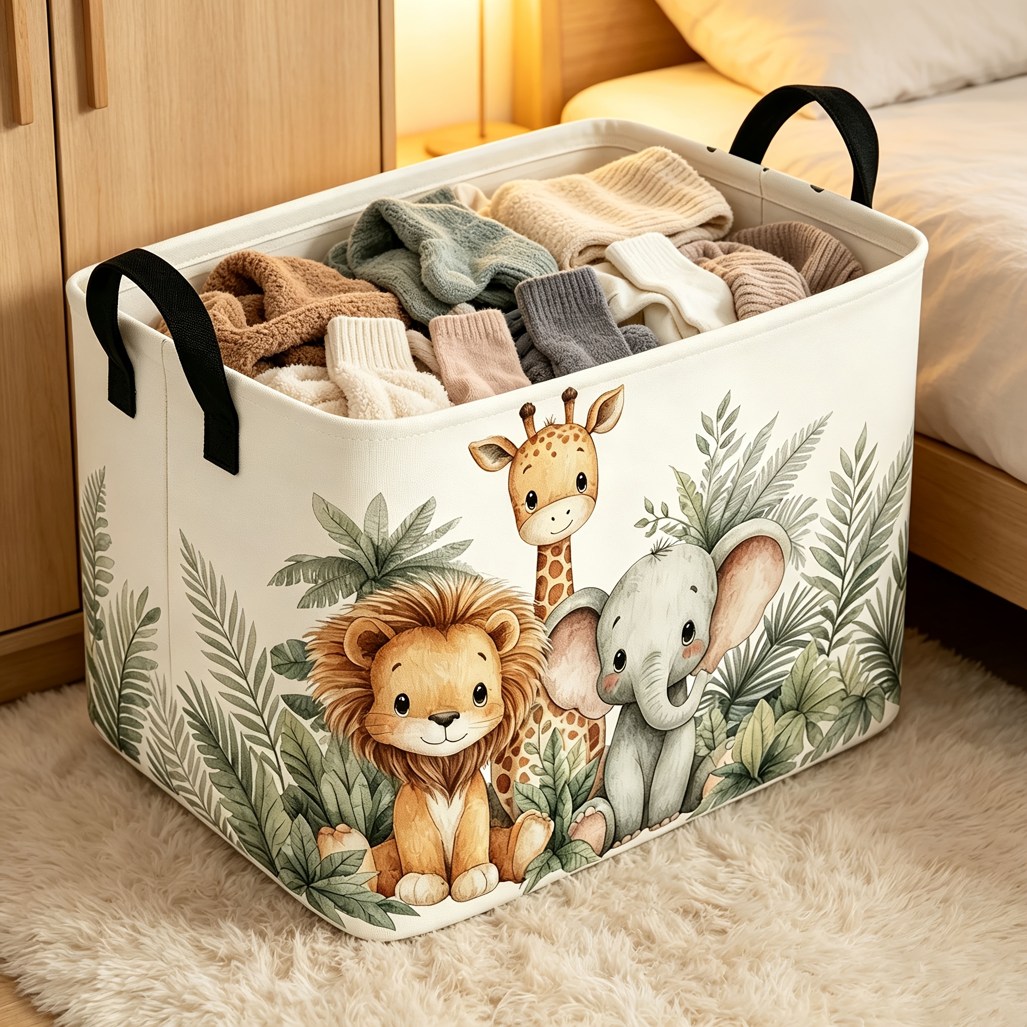 TEMU Panier de rangement en tissu imprimé style aquarelle avec motif jungle lion, éléphant, et plantes , avec poignées, boîte de rangement