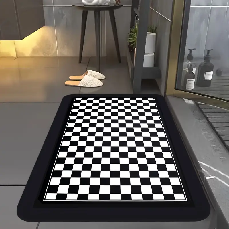 1pc diatomite bath mat with black and white checkered print pattern quick dry non slip absorbent floor mat soft comfortable for bathroom shower laundry room bedroom doorway rv kitchen rug bathroom rugs non slip bathtub mat bath matts for bathroom small bath mat rug bathroom doorway rug shower mat geometric pattern stylish floor rug material durable rubber backing nonslip rug floor rug household rugs mats Product details 3