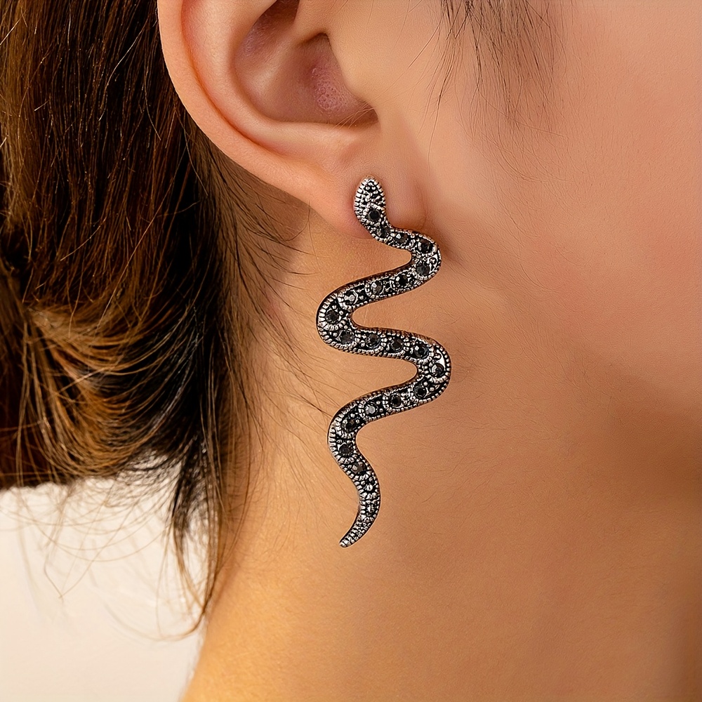 

Vintage-inspired Snake Earrings With Sparkling Glass - Zinc Alloy & Stainless Steel Posts, Ideal For Parties, Banquets, And , Perfect Gift