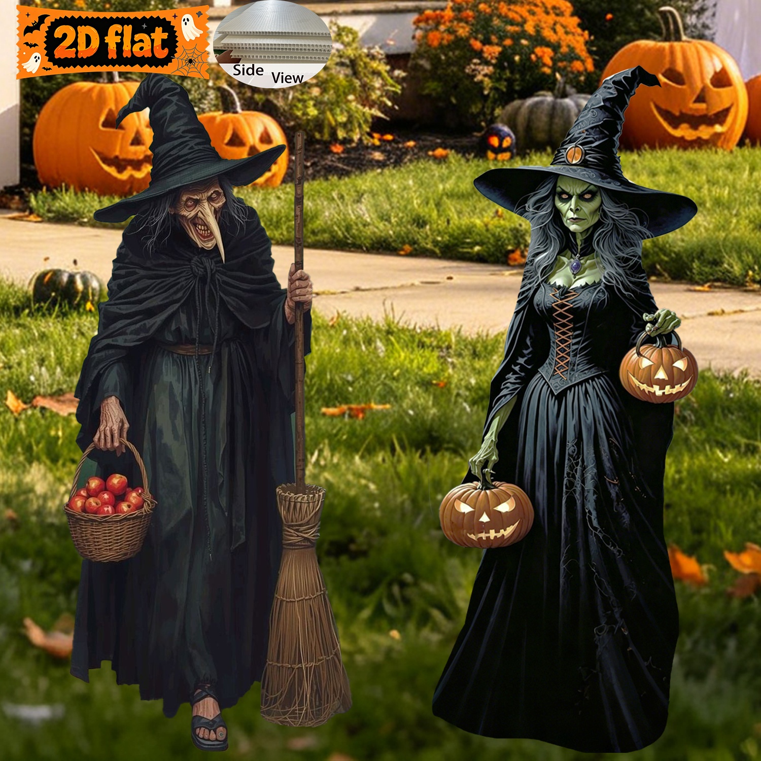 TEMU 2d Flat 2pcs Set Halloween Supplies Set Silhouette Broom Pumpkin Basket Outdoor Lawn Party Supplies Set Graveyard Full Bat Party Supplies Set