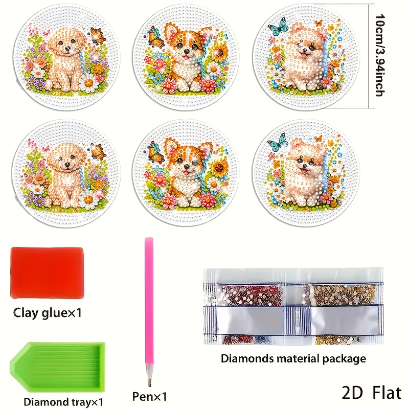 TEMU 6-delige onderzetterset met diamant schilderij van bloemenpuppy & - doe-het-zelf ronde antislip drinkonderzetters geschikt voor thuis, kantoor,