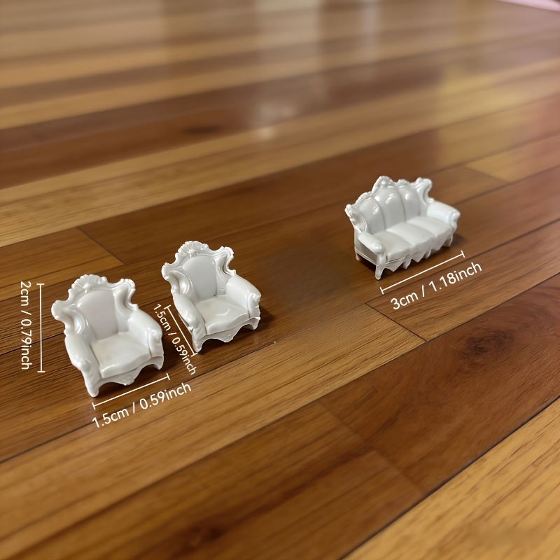 TEMU 3pcs Exquisite Mini European Sofa And Coffee Table Set (2pcs Single Sofas And 1pc Chaise Lounge) - 1/150 Scale White Resin Miniature Furniture -