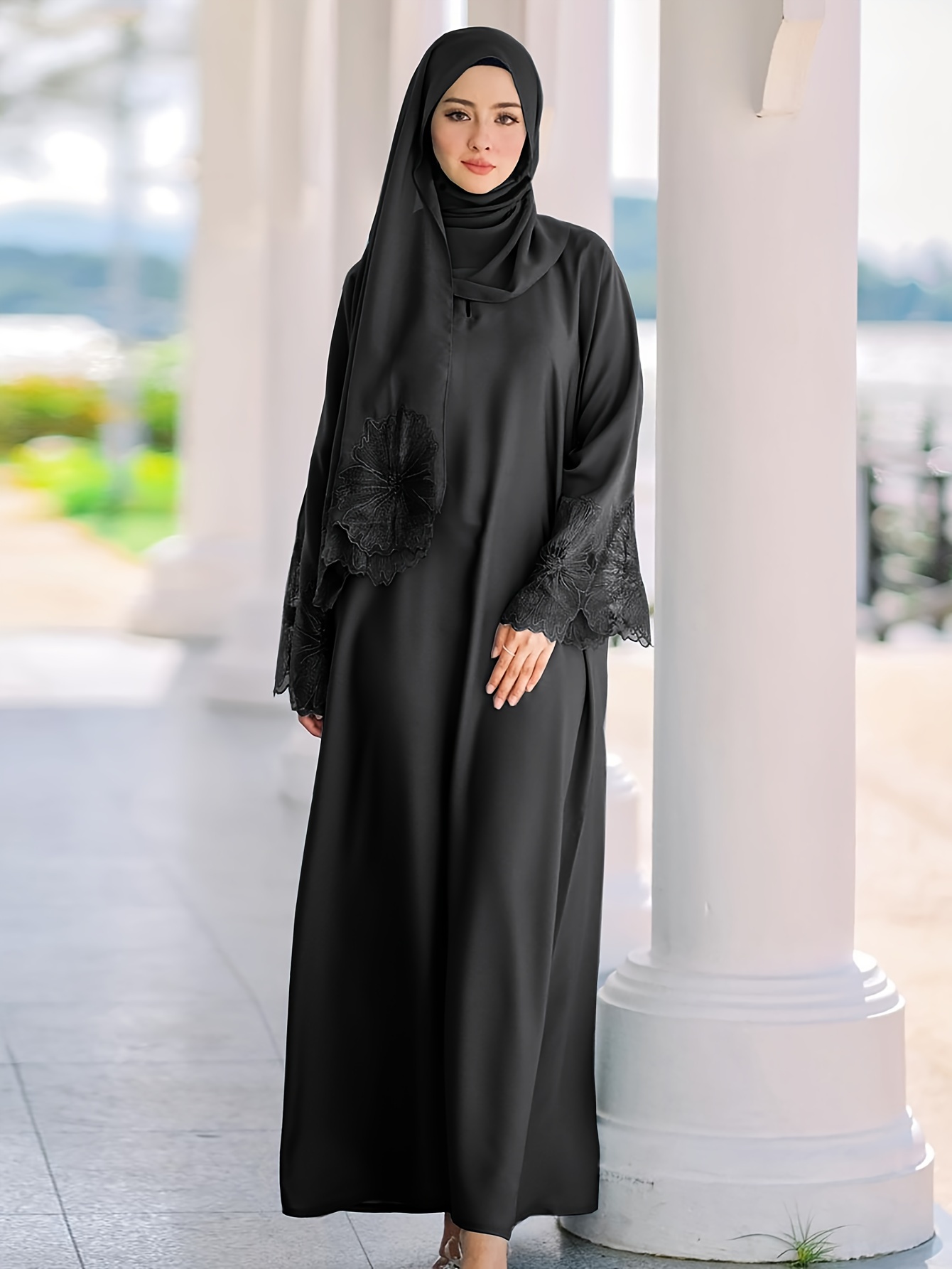 ramadan solid two piece prayer modest dress floral lace modest full length dress with hijab womens clothing