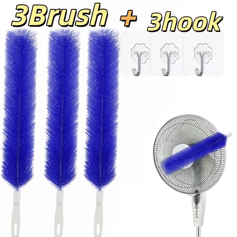 TEMU Lot de 6 pièces : 3 brosses de nettoyage multifonctionnelles pour ventilateur + 3 crochets, brosse pour ventilateur avec poils rigides et long