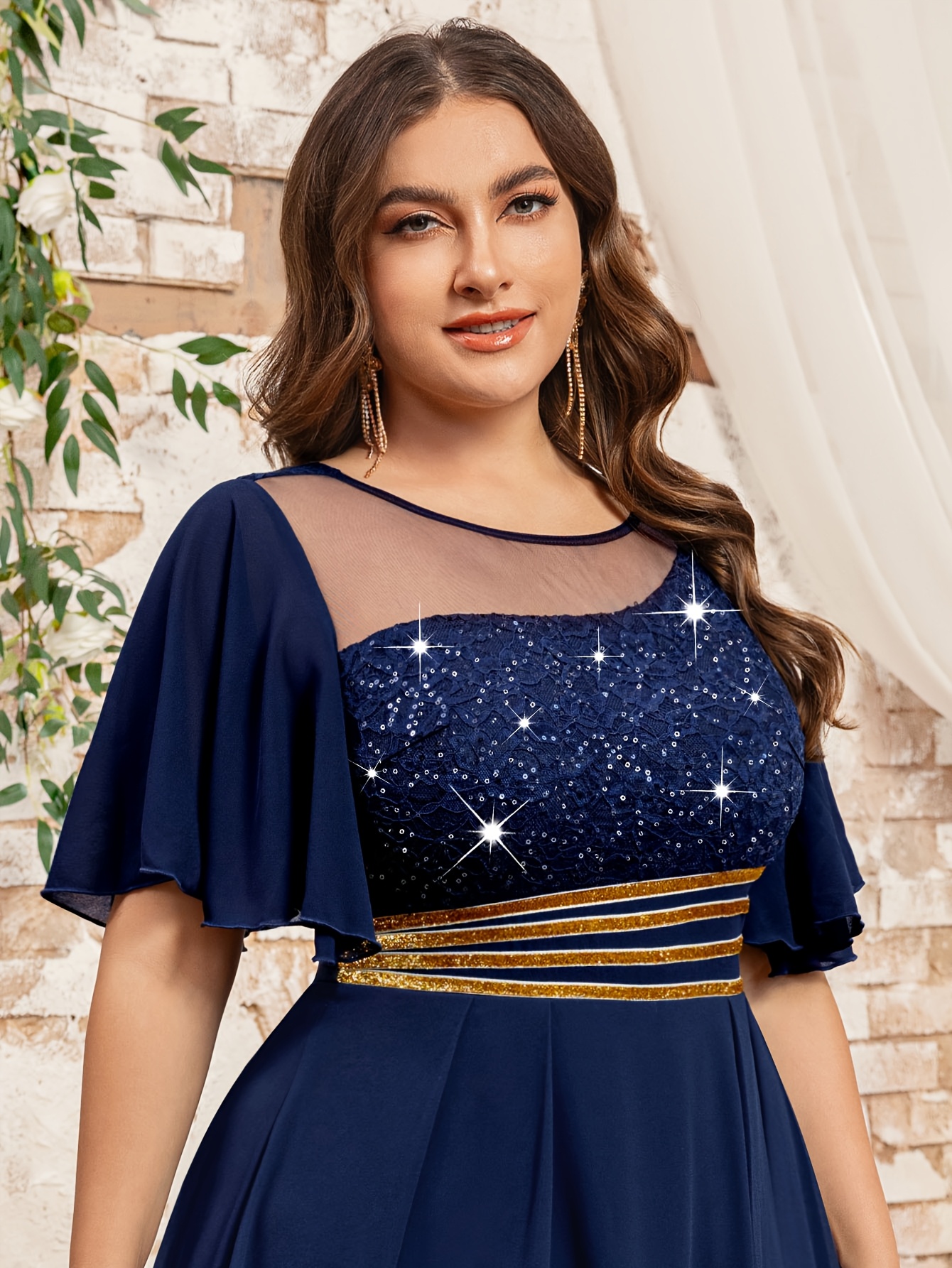 white christmas dresses Plus Womens' Embellished Round -Neck Formal Dress with Sheer Chiffon –  Curvepretty main image 0