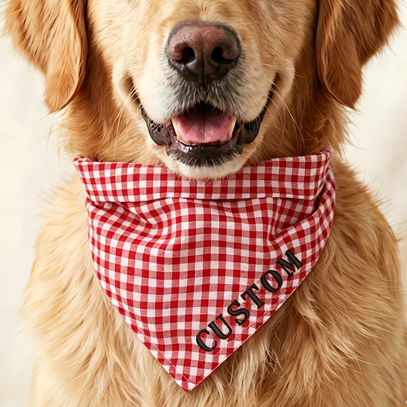 TEMU Custom Name Dog Bandana Personalized Embroidered Plaid Pet Scarf Suitable For All Pets Adjustable Tie-style Neck Scarf Pastoral Style