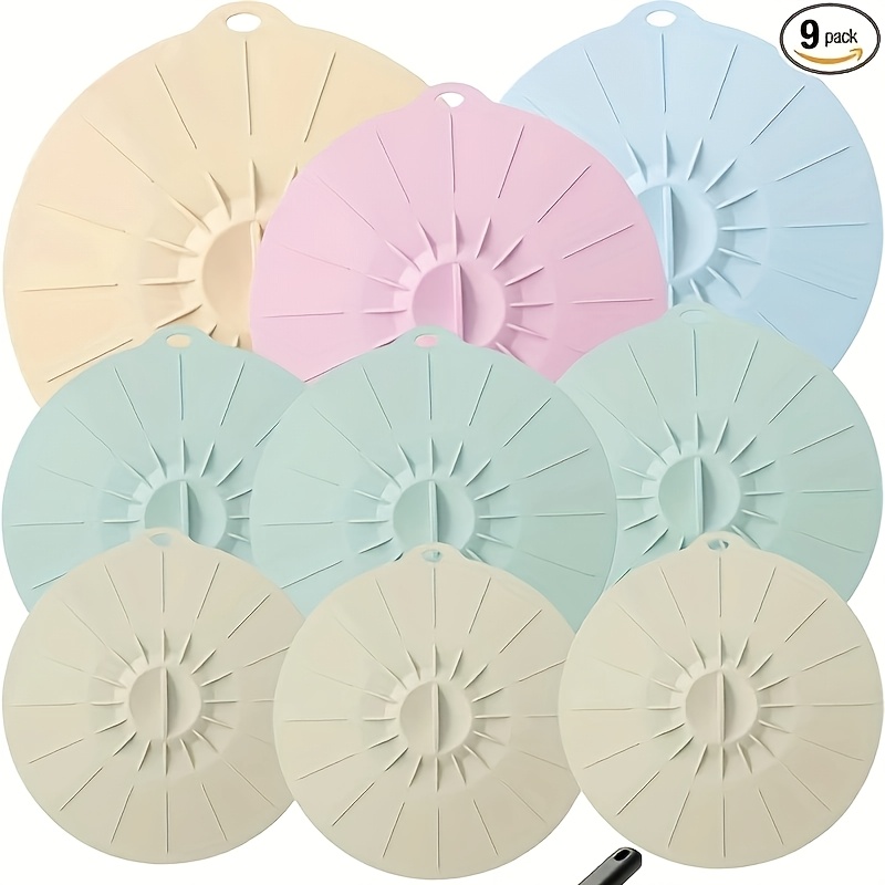 TEMU 9 Pack Dopamine Color Silicone Lids, Microwave Splatter Cover With 5 Sizes Reusable Heat Resistant Lids Fits Cups, Bowls, Plates, Pots, Pans,