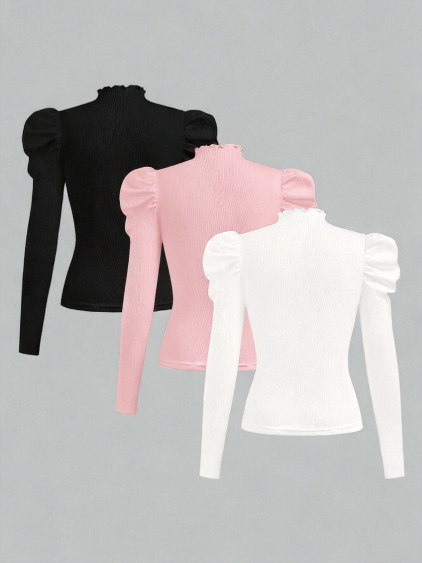 3pcs Ruffle Half-Turtleneck Long-Sleeve Top Set
