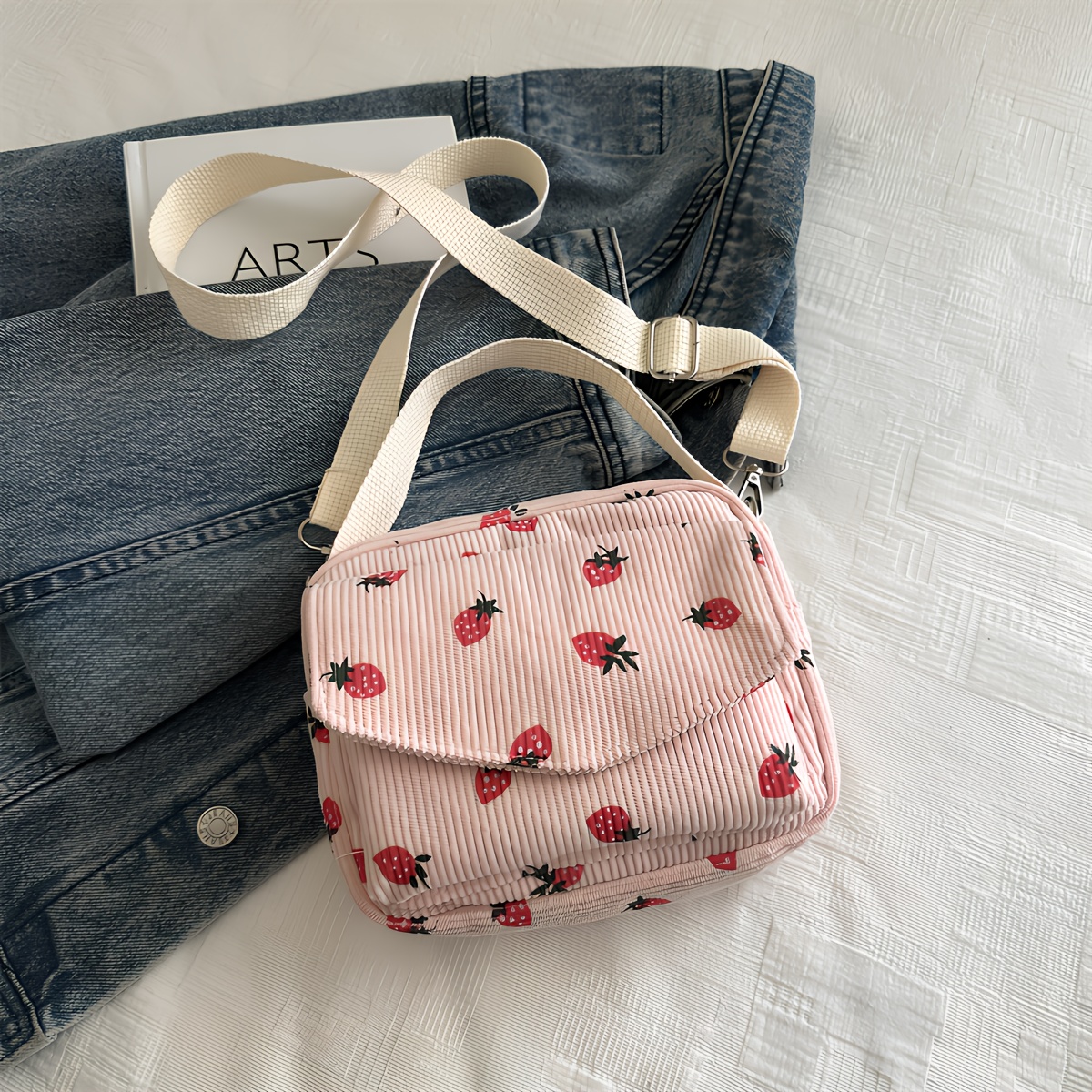 Image of Corduroy Cute Strawberry Print Crossbody Bag, Versatile Corduroy Small Square Bag For , Portable Handbag/shoulder Bag, Christmas Holiday Gift Storage Pouch For Wife Or Girlfriend