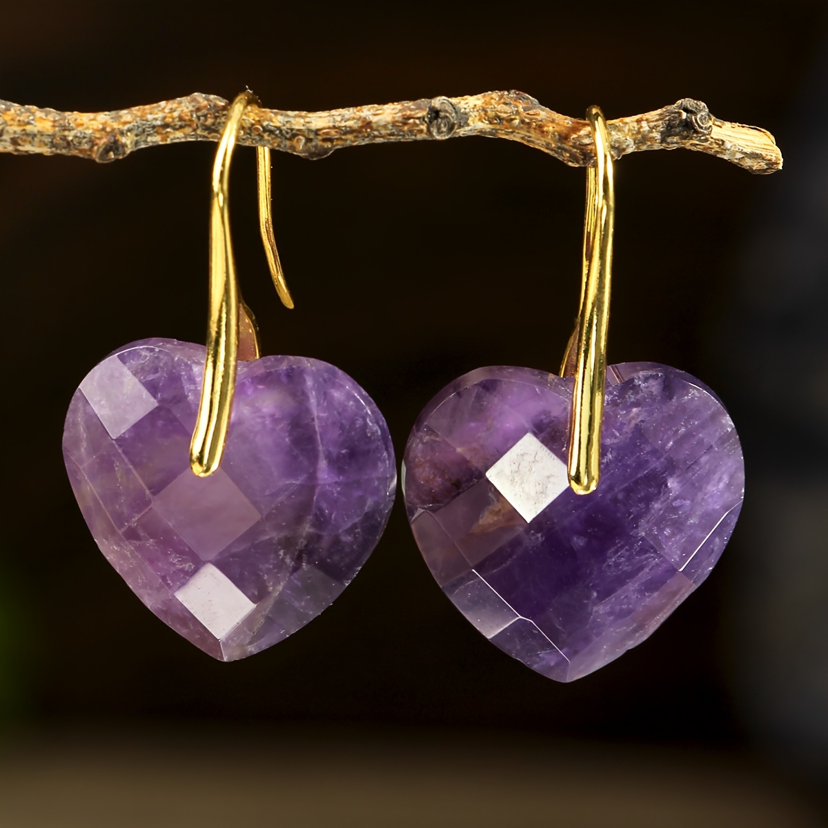 TEMU Boucles d'oreilles pendentifs en naturelle facettée 3D de cœur | Boucles d'oreilles bohèmes tendance en quartz de rose et améthyste pour femmes,