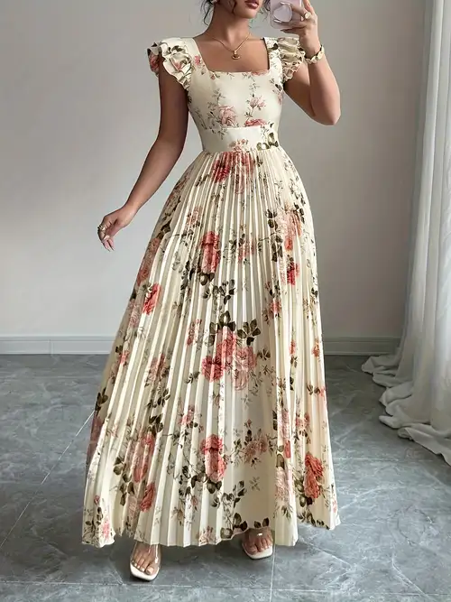 Women'S Elegant Floral Print Pleated Hem Long Dress, Summer Women'S Elegant Floral Print Pleated Hem Long Dress, Summer
