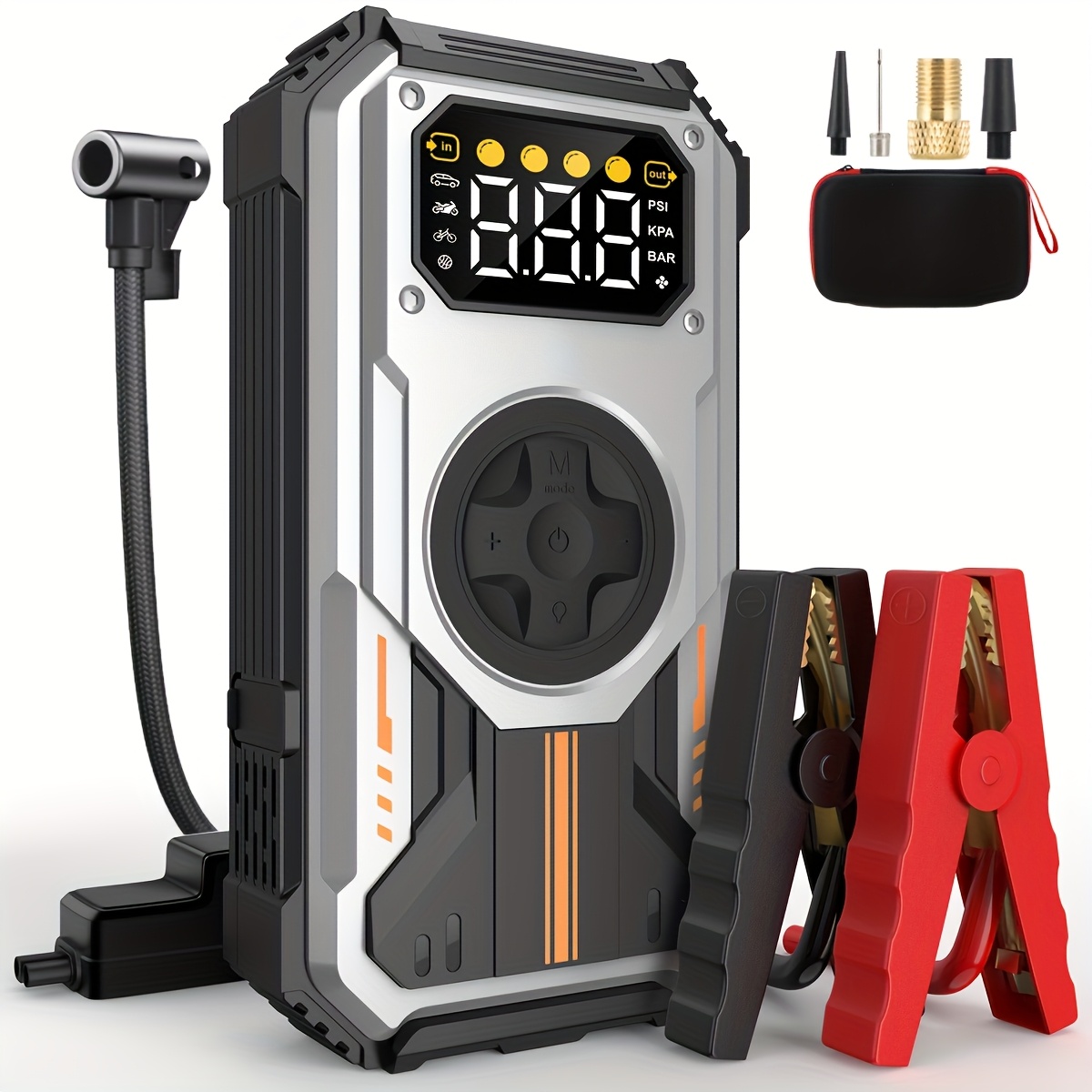 TEMU Swarey Electric Air Compressor With Jump Starter Power Bank 6000 A, 12000mah Booster Car Jump Starter Power Bank With Led Torch, Jump Starter