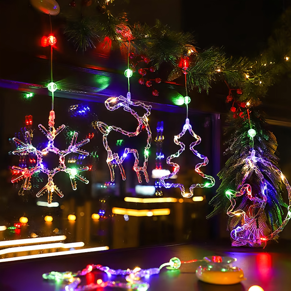led christmas window lights suction cup lights battery powered fairy lights snowflake star christmas tree snowman reindeer bells hugging star shape indoor christmas string lights Product details 0