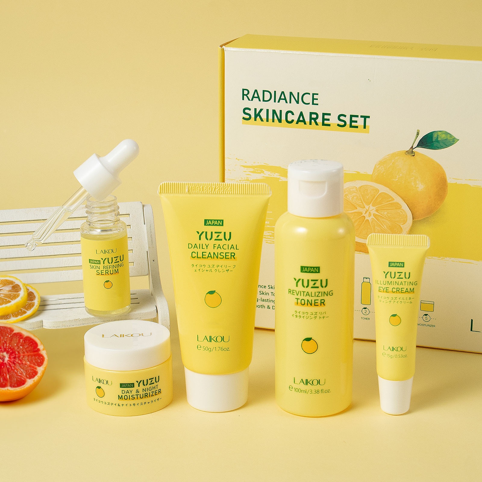 LAIKOU YUZU Njega lica svijetlo bež set od 5 komada, dnevna i noćna hidratantna krema 0.88oz, čistač 1.76oz, tonik 3.38fl.oz, krema za oči 0.53oz, serum 0.59fl.oz, s vitaminom C i niacinamidom – idealan rođendanski poklon za djevojku, sestru, majku