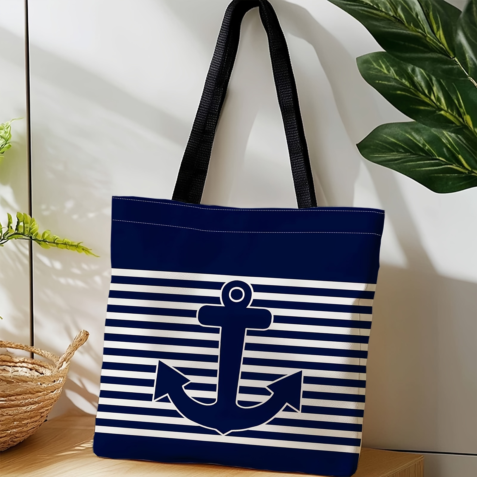 TEMU Women's Nautical Anchor & Marine Theme Tote Bag - Lightweight Foldable Beach Bag With Anchor & Stripes Print, Machine Washable, Casual Durable