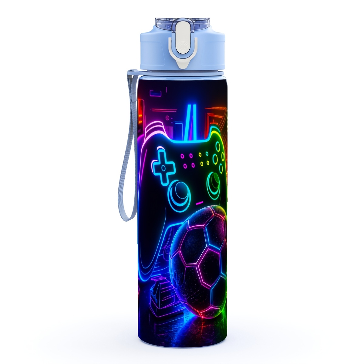 TEMU A Plastic Water Bottle With A Neon Handle And Ball-themed Print, Lightweight, Easy To Clean, Portable, And Drop-resistant. 25oz/750ml Water
