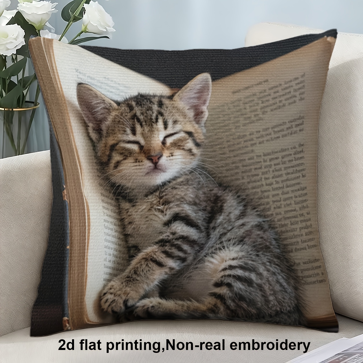 TEMU 2d Flat Printing, 1pc, Sleeping Tabby Kitten On An , Pillow Cover, Double-sided Printing, Polyester, Very Suitable For Decorating Sofas, Living