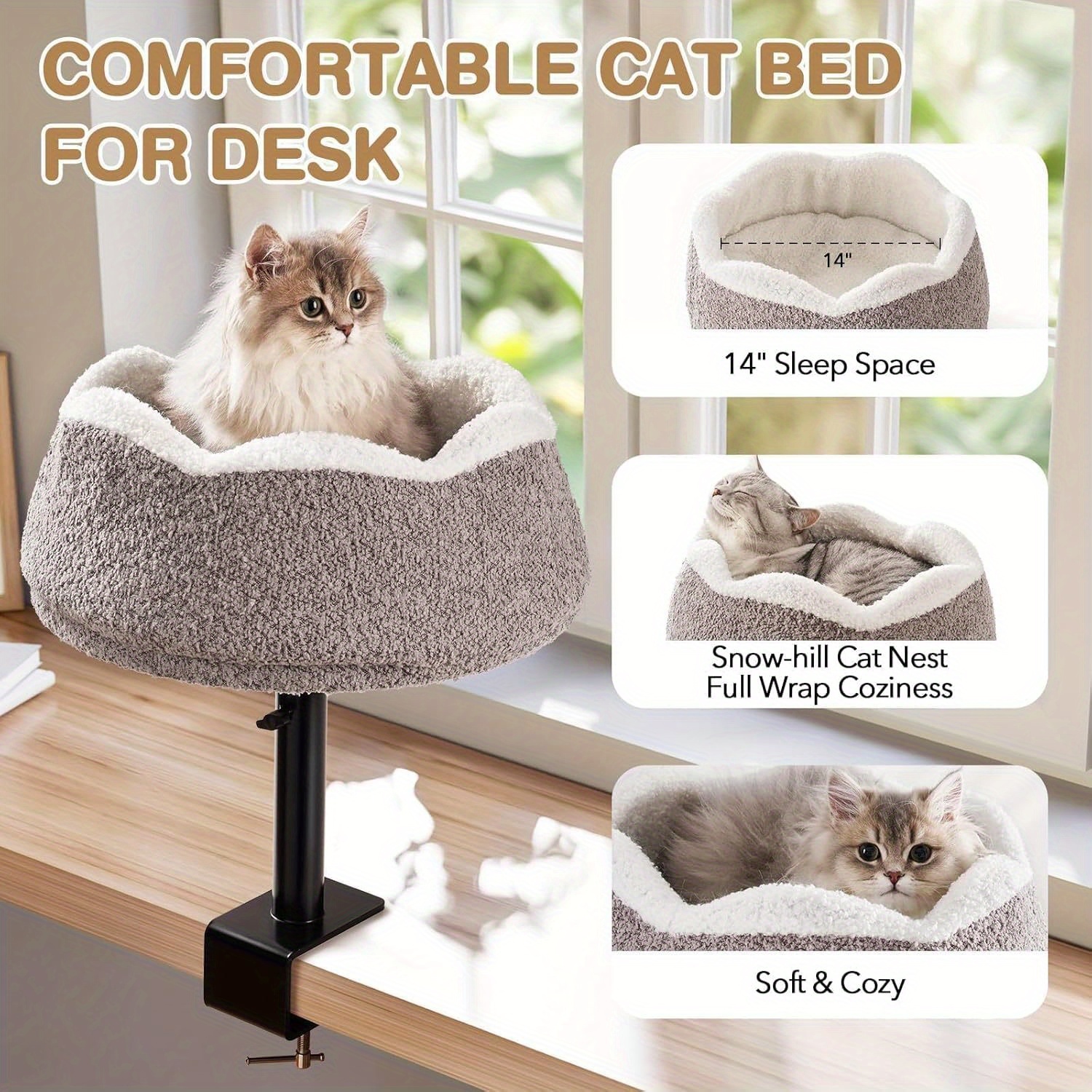   360 rotating adjustable height cat desk bed alloy   removable washable plush perch with wrap around edges ergonomic desktop cat furniture for home office safety       stable structure Product details 2