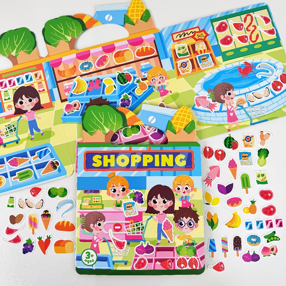 Image of Reusable Sticker Toys, Supermarket Shopping Theme Sticker Cognitive Enlightenment Educational Game, Handheld Portable Suitable As A Gift For Children Over