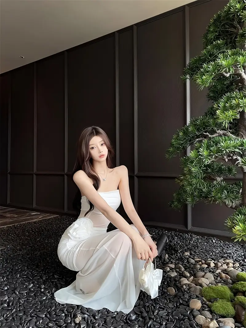 white mesh tube dress Flower Mesh Tube Dress White